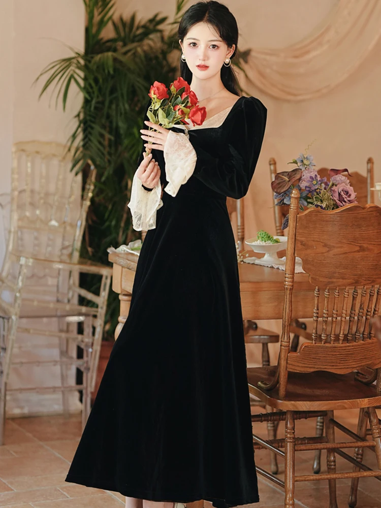 Black Velvet Diamonds Lace Square Collar Women's Dress Autumn Winter Luxury Bodycon Maxi Dress 2025 Korean Vintage Evening Dress