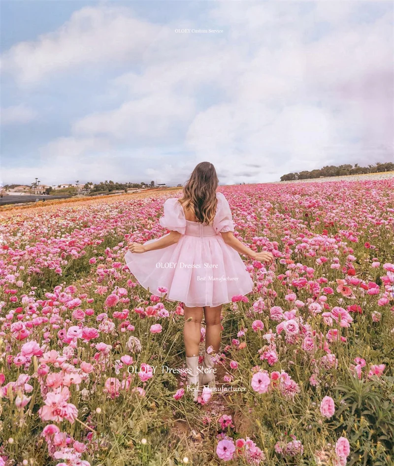 OLOEY-Robe de soirée courte en organza rose doux, manches bouffantes, col carré, mini robe de cocktail, été, filles, jardin, Rh, quoi que ce soit