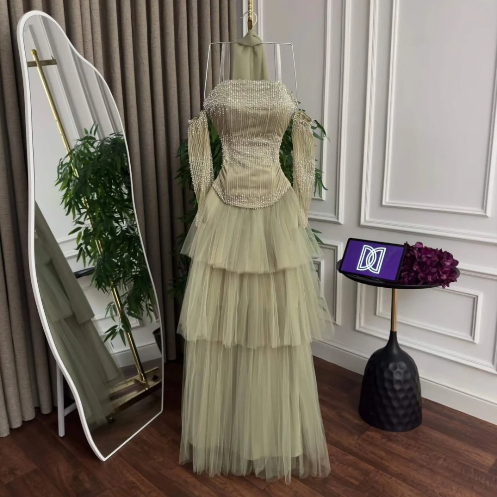 

Customized 2026 Hot Sale Sage Green Formal Dress Off Shoulder Beaded Sleeve Tulle Layered Maxi Gown Women Evening Party