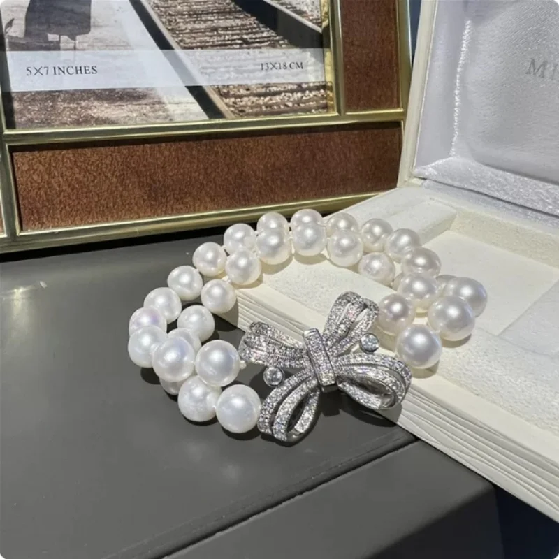 Double Stranded Natural AAAAA 8-9mm round South Sea White Pearl Bracelet 925 Sterling Silver