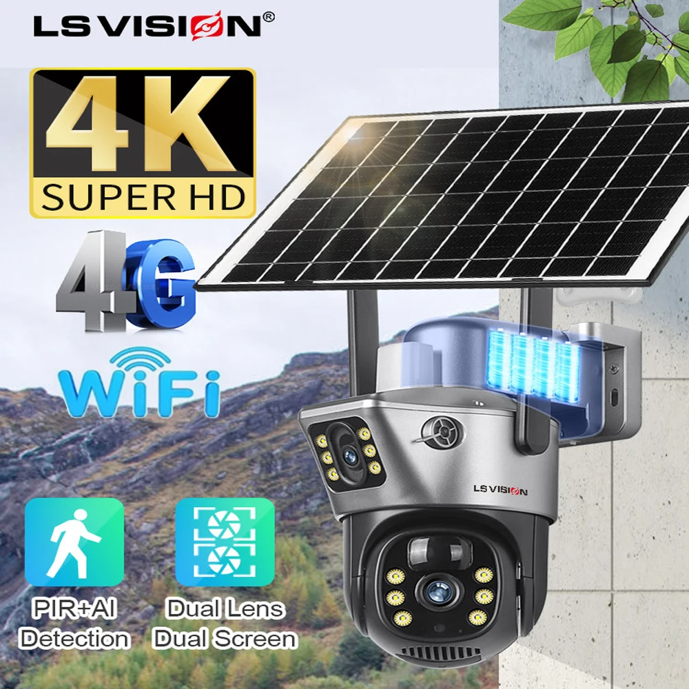 LS VISION Cámara Solar 4G Sim para exteriores, lente Dual, WiFi, 8MP, 4K, IP, Panel Solar, seguridad CCTV, batería integrada, cámara PIR, V380