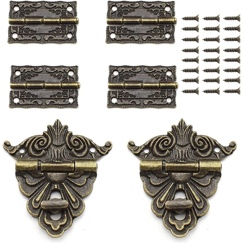 Retro Bronze Alloy Carved Tower Latch Lock and Engraved Pattern Hinge, for Decorative Cabinet Small Wooden Jewelry Box Project