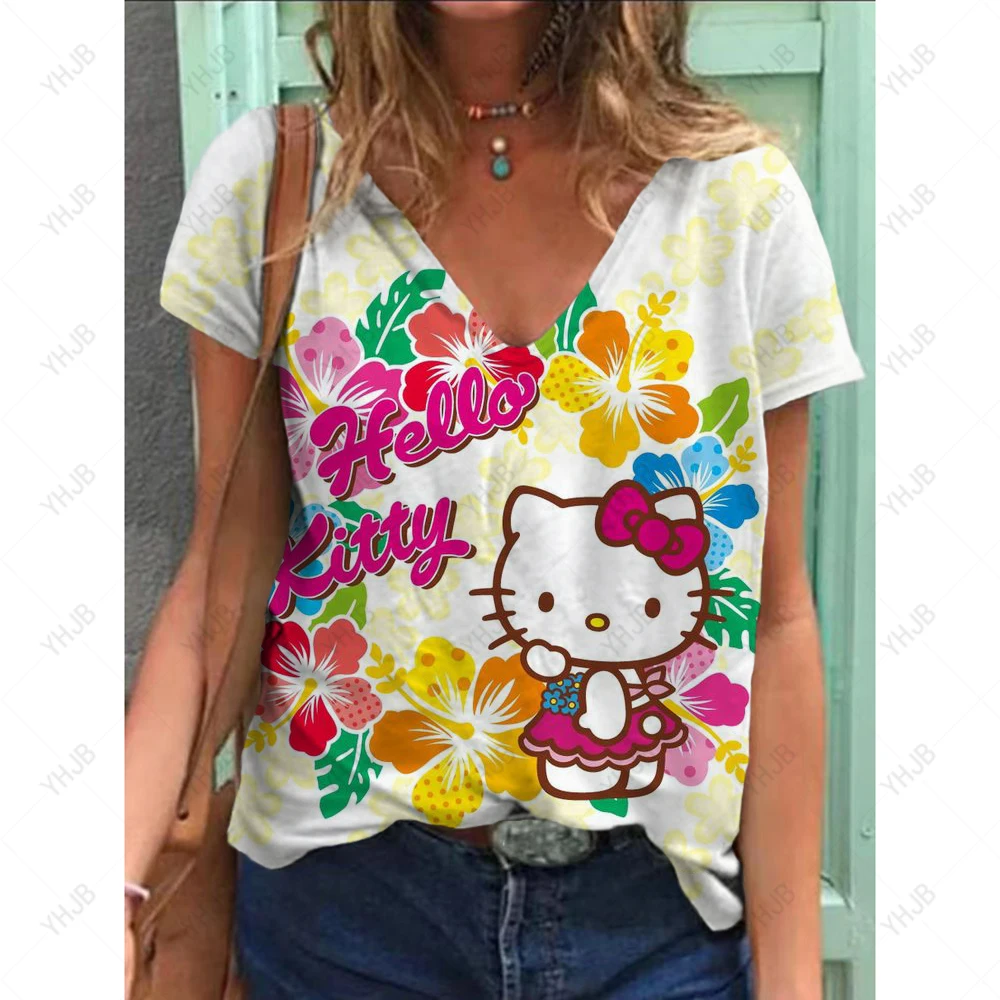 Hello Kitty V-neck  Female T Shirts  Graphic Top Women's Cartoon T-shirt Korean Popular Clothes Short Sleeve Woman Casual Tee