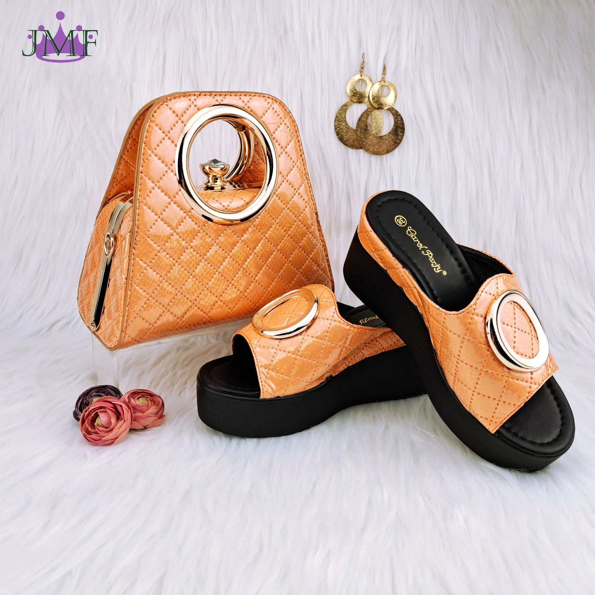 QSGFC Autumn Orange Color Elegant Simple Versatile Round Metal Decoration Ladies Sandals Comfortable Insole Shoes and Bags Set