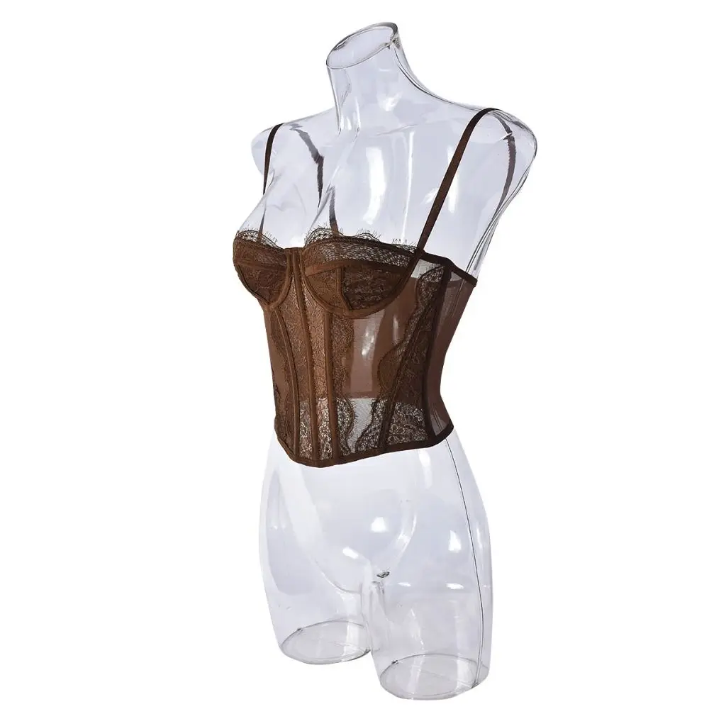 Fashion Hollow Lace Camisole Transparent Slim fit Crop Tops Tanks Streetwear Suspender Vest Ladies