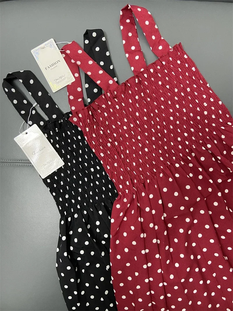Damen Sommer Polka Dot Chiffon Langes Kleid Elegantes Quadratischer Ausschnitt Ärmelloses Kleid Lässige Damenkleider – Detail 8