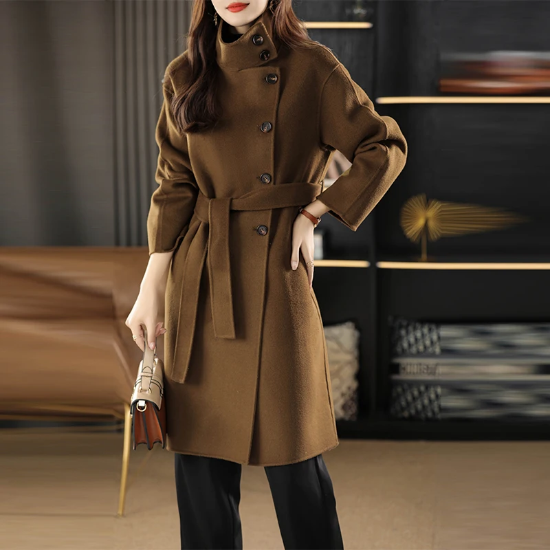 

2024 Autumn and Winter New Solid Color Long Double-Faced 100% Woolen Goods Women's Coat Single Breasted Stand Collar Trendy Coat