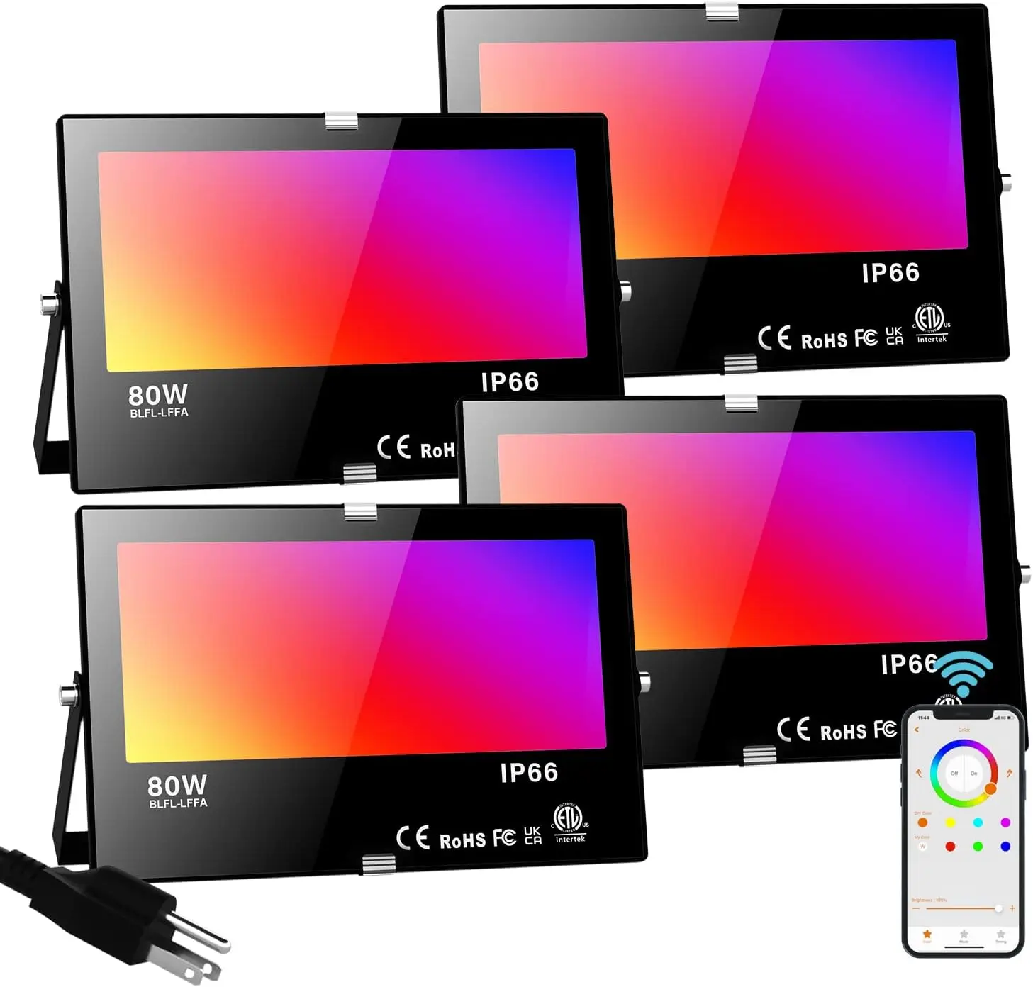 Smart Bluetooth LED Flood Light 80W RGB Color Changing Outdoor Lighting with App Control IP66 Waterproof 4-Pack