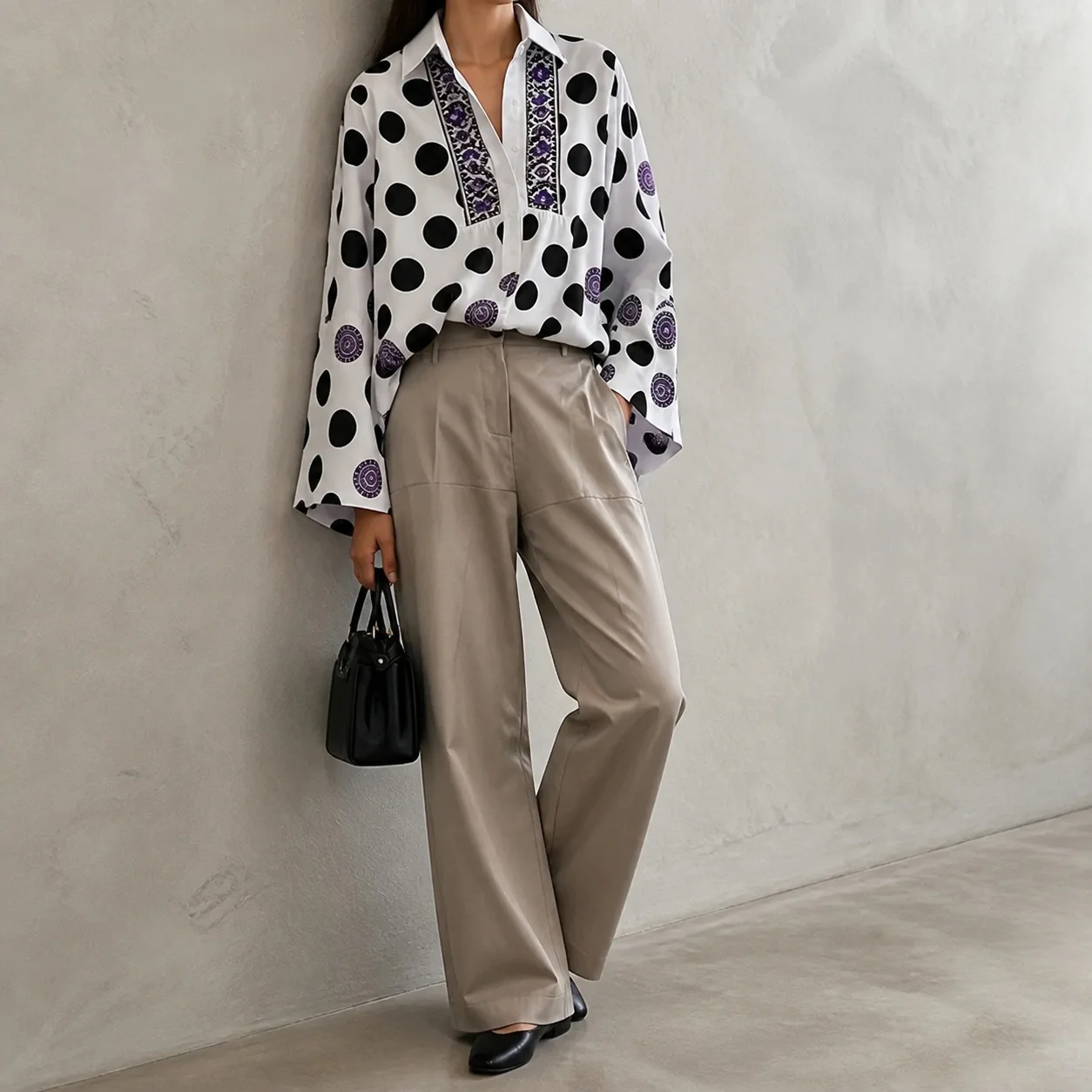 Women's And Women Loose Fit Long Sleeve Polka Dot Printed Polo Neck Blouse For Women Casual Tops with Black Polka Dots and