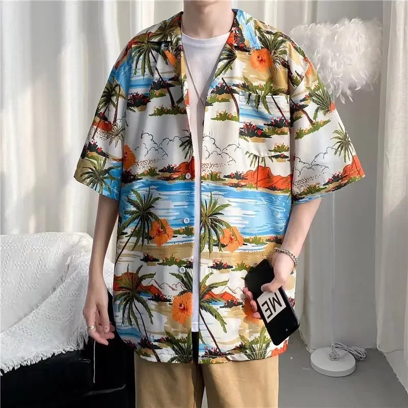 

Men's Summer Short Sleeve Handsome Loose Fitting Print Shirt Vacation Beach Casual Tops Hawaiian Retro Floral Shirt
