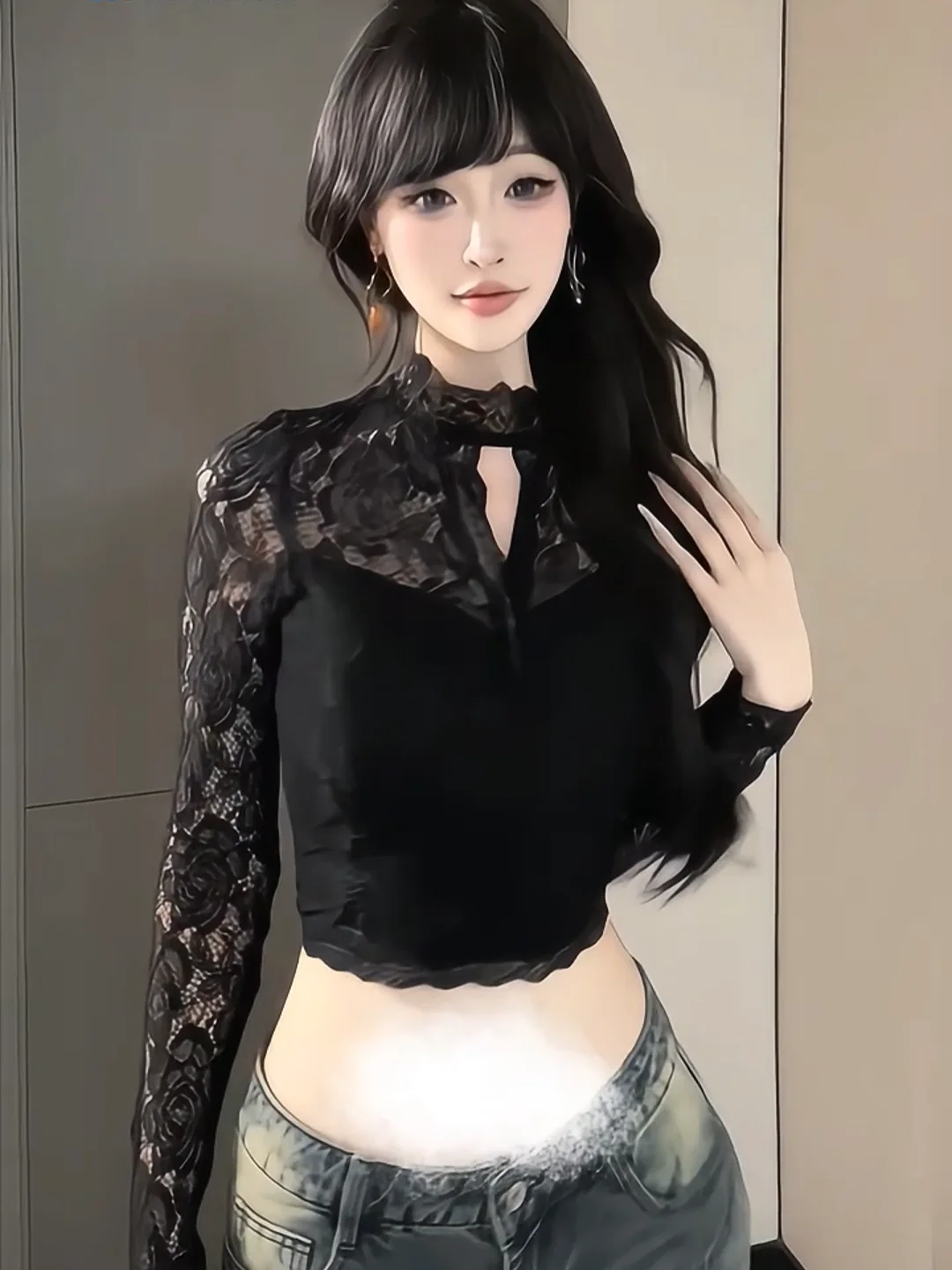 Sexy Lace Hollow out Long Sleeve T-Shirt And Shorty Pants Two Piece Set for Women Winter Fashion Retro Style Bodycon Design