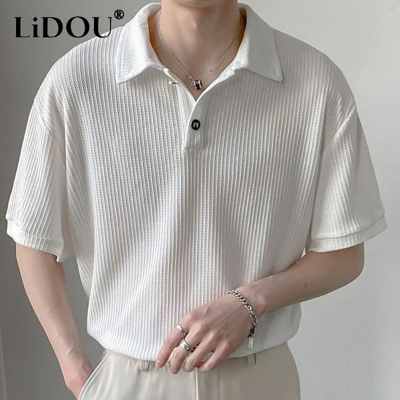 2023 Summer Men Solid Color Tops New Korean Style Button Polo Shirts Fashion Casual Loose Lapel Polo Shirts Men\'s Clothing