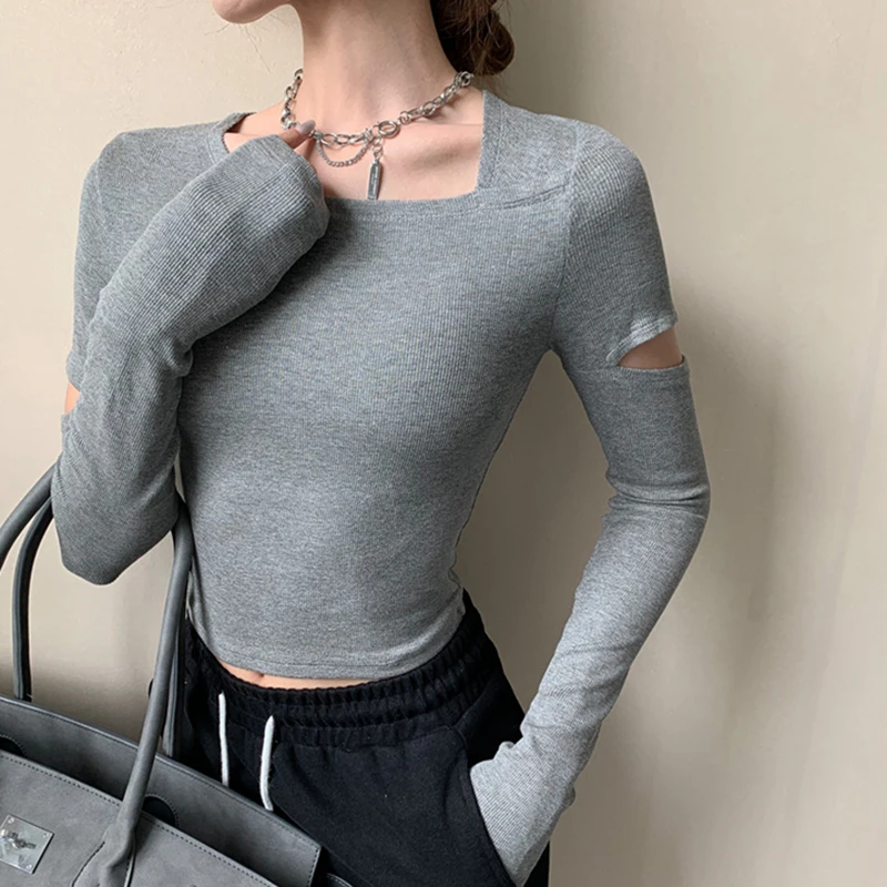 Skew Collar Crop Tops Y2k Women T Shirt Hollow Out Long Sleeve Elastic Tshirt Camiseta Autumn Slim Short Clothes Tee Shirt Femme