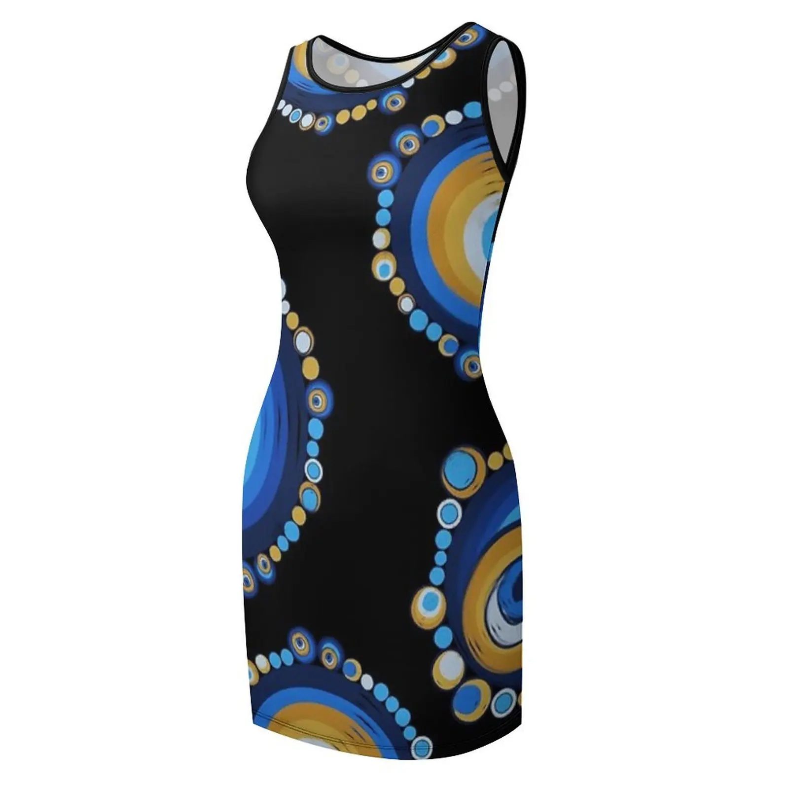 Mati Evil Eye Blues Oranges Golds Ärmelloses Sommerkleid Sommerkleid Damen 2025, elegantes Gasthochzeitskleid