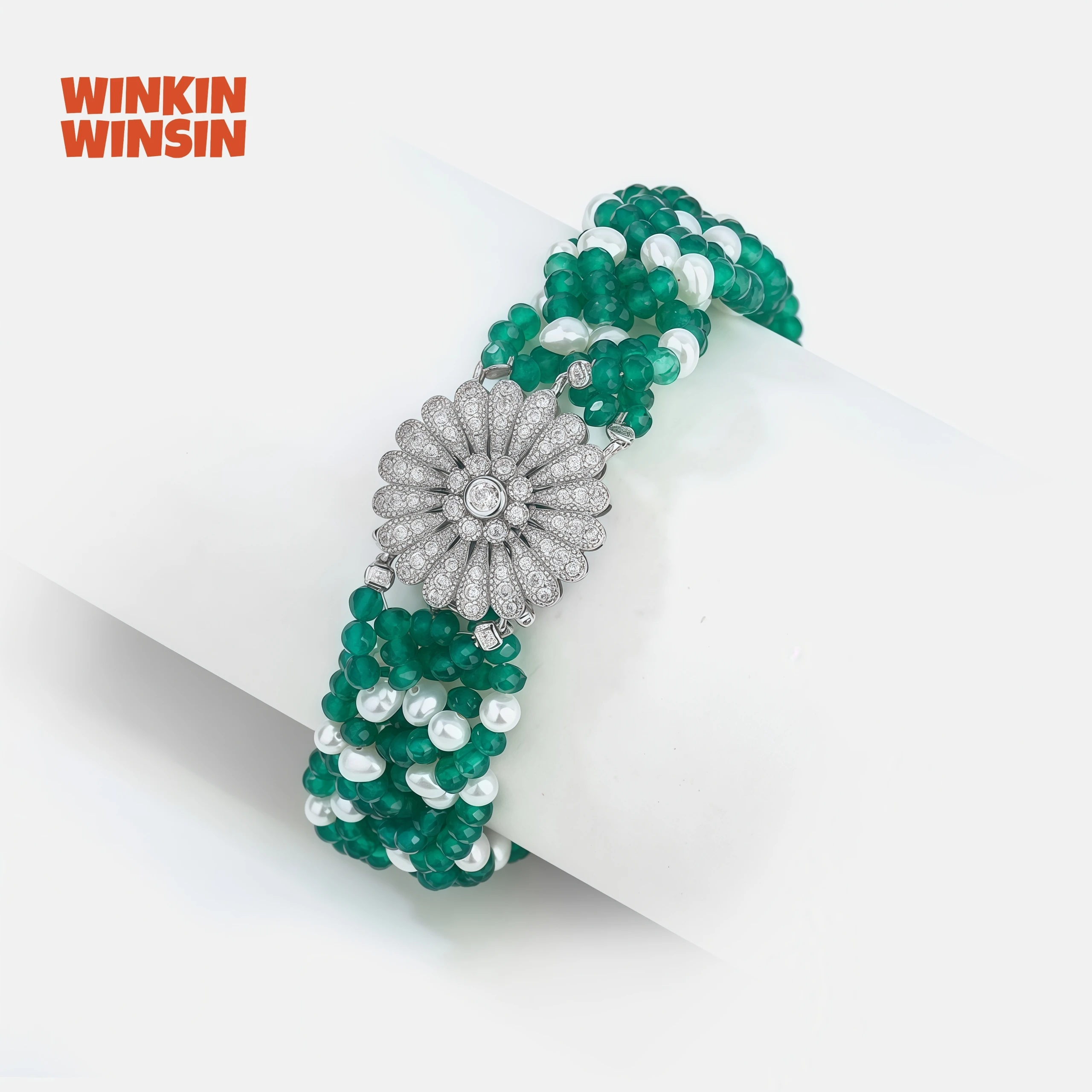 WINKIN WINSIN العلامة التجارية مصمم S925 الفضة النقية الأخضر العقيق سوار 28.6 جرام شهادة اللؤلؤ الطبيعي سوار مجوهرات