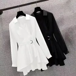 Women Shirt Blouse Lapel V Neck Long Sleeves Irregular Hem Women Shirt Waist Tight Adjustable Belt Pullover Shirt Top