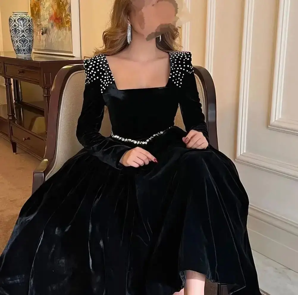 

2024 Square Neck Evening Dress Beads Prom Dresses Velet Long Sleeves A-Line Rhinestone Elegant Formal Occasion Dresses Robes De