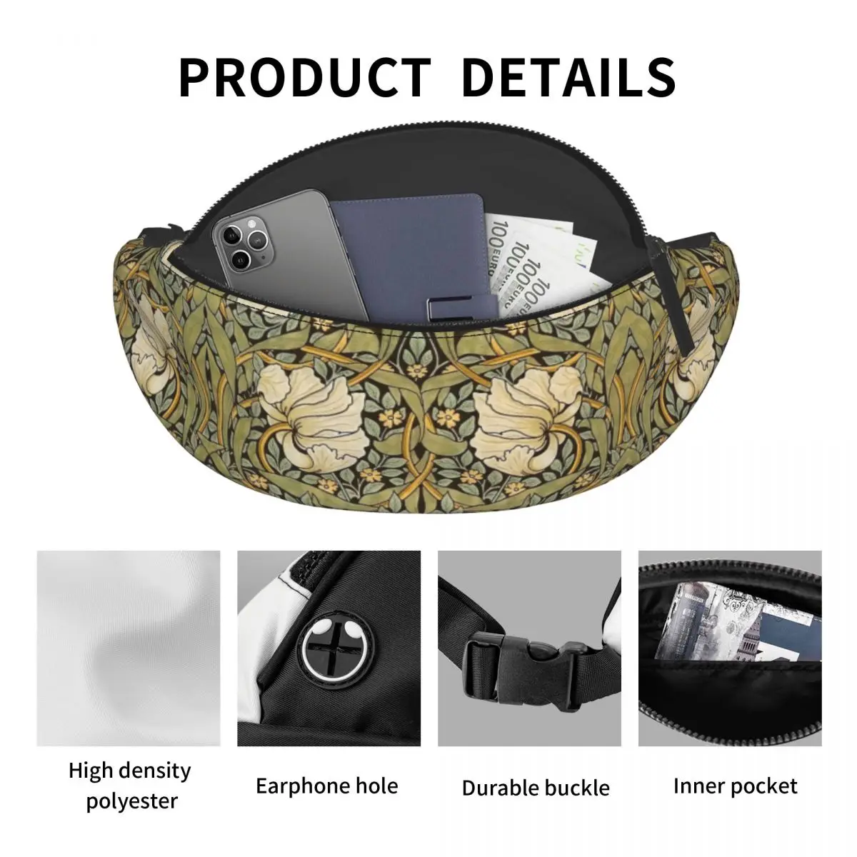 Cool William Morris Pimpernel marsupio donna uomo Floral Textile Pattern Crossbody marsupio per telefono da viaggio Money Pouch