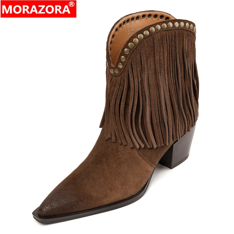 

MORAZORA 2025 New Cow Suede Leather Cowboy Western Boots Women Pointed Toe Tassel Chunky High Heels Autumn Ankle Boots Female