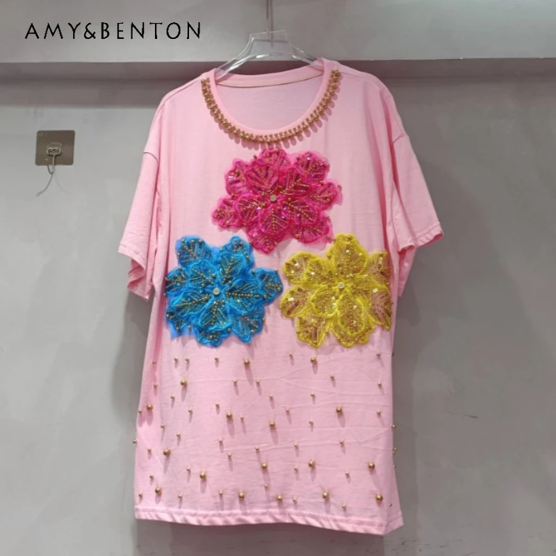 

Korean Style Temperament Versatile Heavy Industry Beads Flower Crew Neck T-shirt Women's Vintage Clothes Pink Top Tees Pullovers