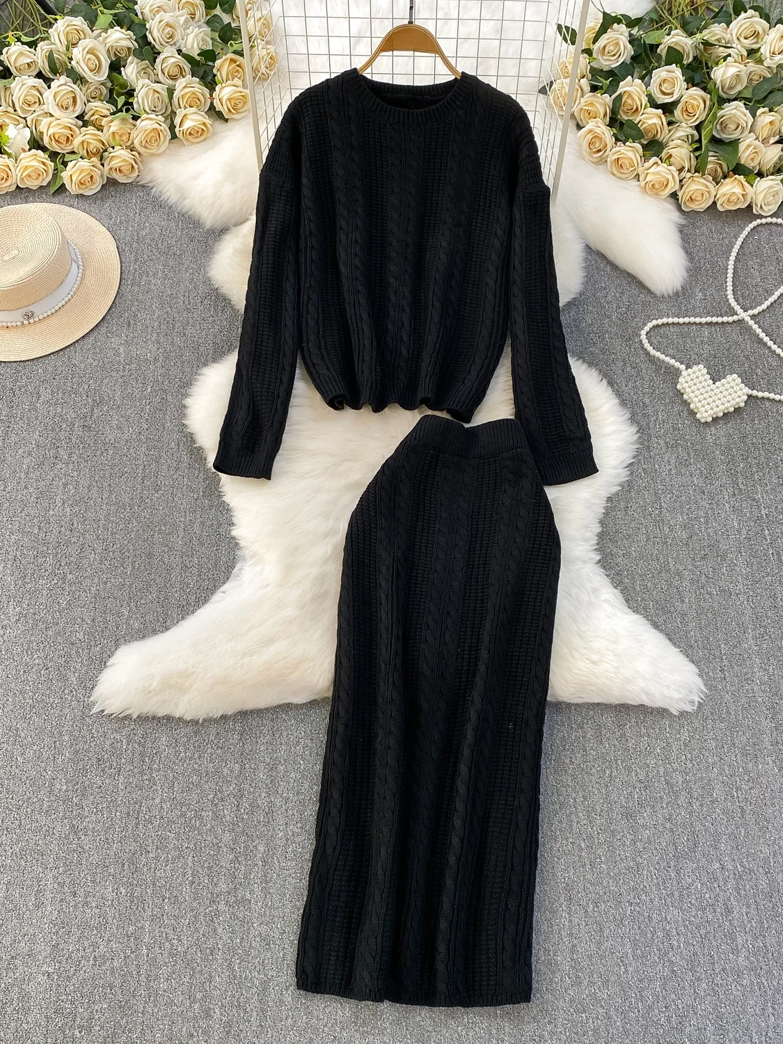 

Осень-зима, новинка Sle Lazy Faion, свободная повседневная вязаная толстовка с высокой талией, утягивающая юбка, комплект из двух предметов для женщин