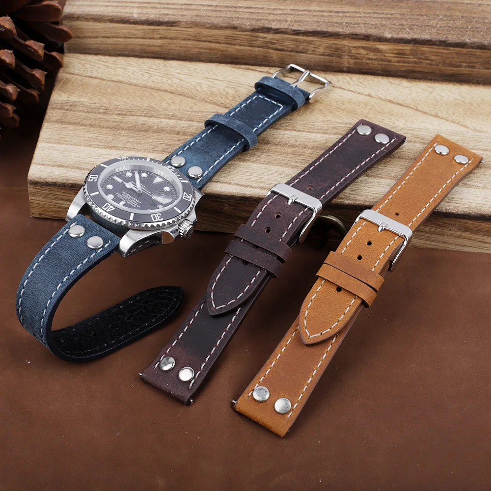 Genuine Leather Rivets Watch Band 18mm 20mm 22mm Vintage Crazy Horse Leather Bracelet Quick Release Watch Strap Replacement