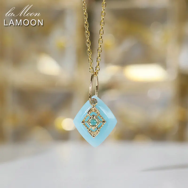 

LAMOON Natural Amazonite Peridot Gemstone Pendant Necklace For Women Elegant Rhombus S925 Silver Gold Plated Fine Jewelry Gift