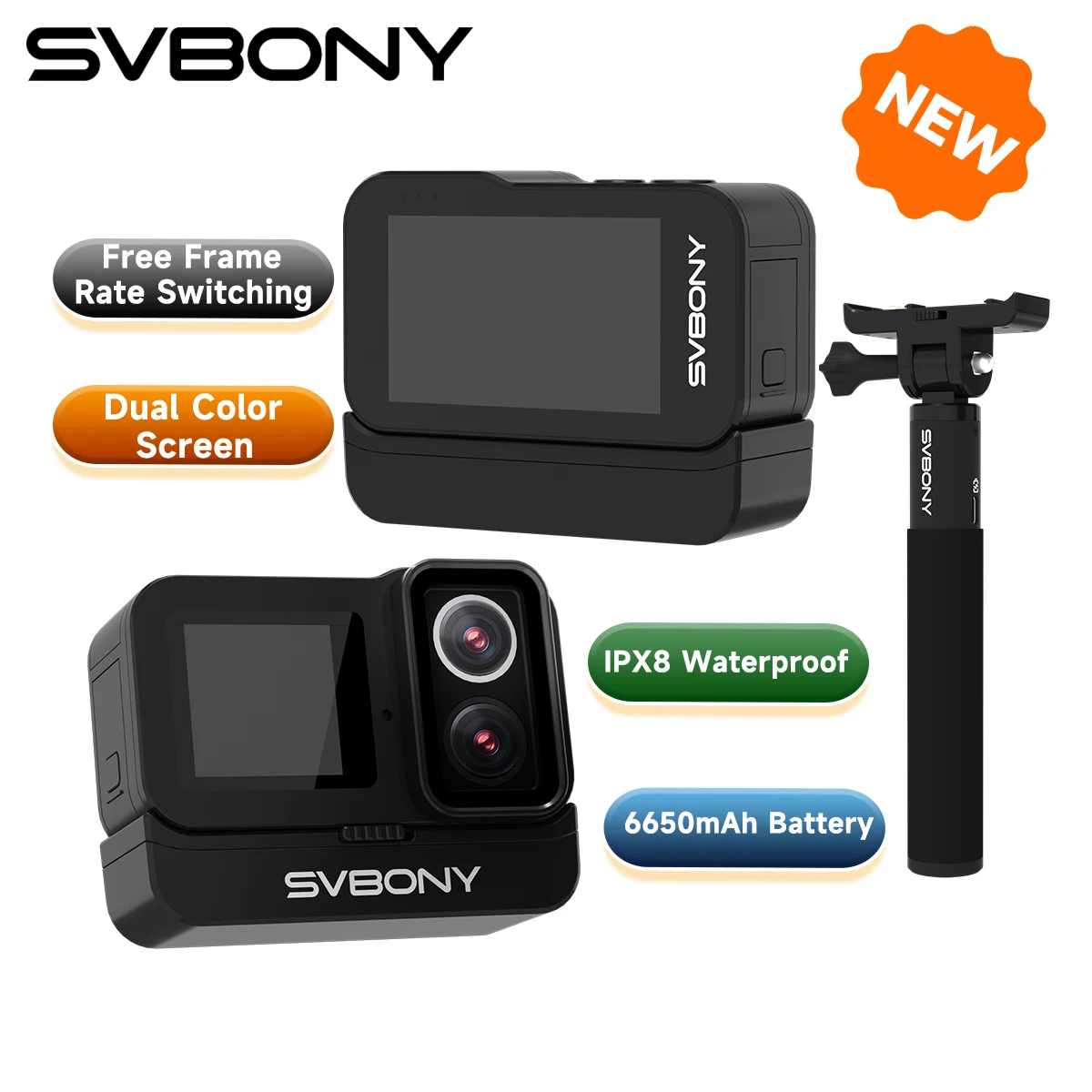 

Svbony SVGo Dual Lens Action Camera IPX8 Waterproof 4K30fps HD Lens & Nighttime Lens Shooting for Cycling Grip Charging Diving