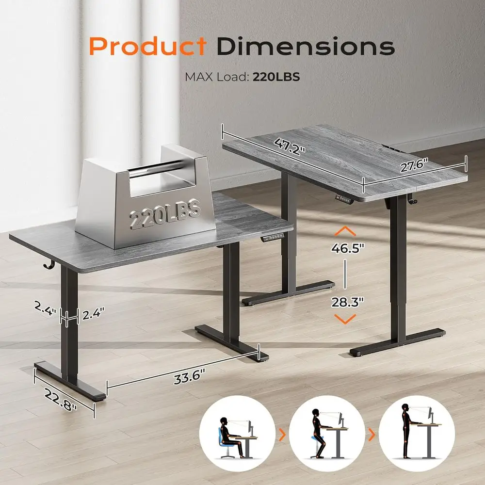 โต๊ะทำงานปรับระดับไฟฟ้า 48 x 28 นิ้ว, ความลึก 27.6 นิ้ว, ปรับความสูงได้ 3 ระดับ, สีเทา, สำหรับโฮมออฟฟิศและเล่นเกม