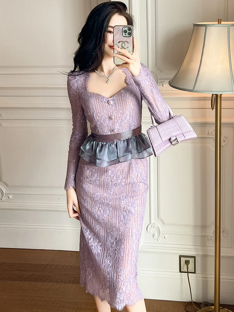 Robe française violette élégante et exquise pour femmes, en dentelle, crochet, fleur, volants ajourés, faux 2 pièces, Robe mi-longue, robes de fête et de Banquet
