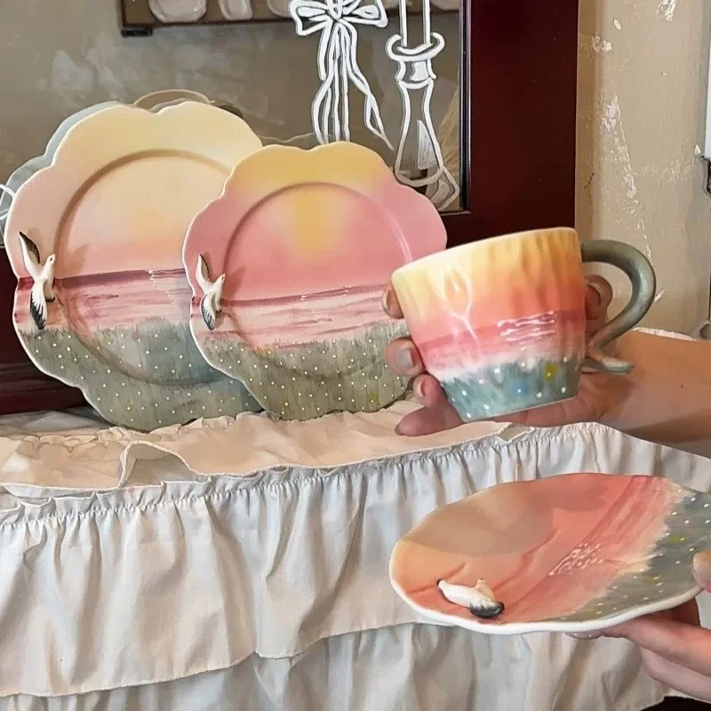 Hand Painted porcelain Mug Saucer Set Sunset Lake 3D Swan Decor Vine Handle Artistic Coffee Cup for Home Afternoon Tea Cups Gift