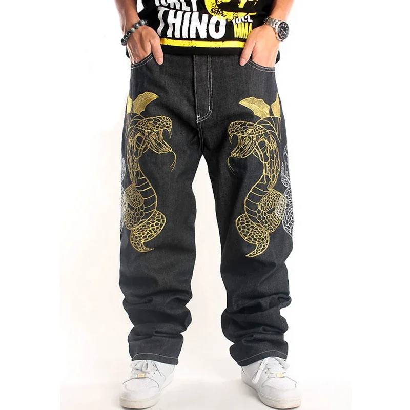 

Hip hop jeans streetwear Male plus size loose baggy denim pants Snake embroidery straight long trousers for men