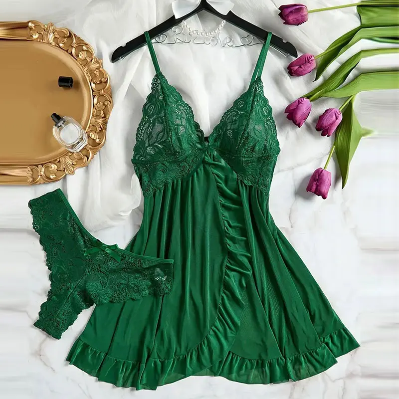 Pink Sweet Nightgown Female Elegant Sleep Dress Hot V-neck Bra Transparent Milk Silk Underwear Women's Pajamas With Panties Set