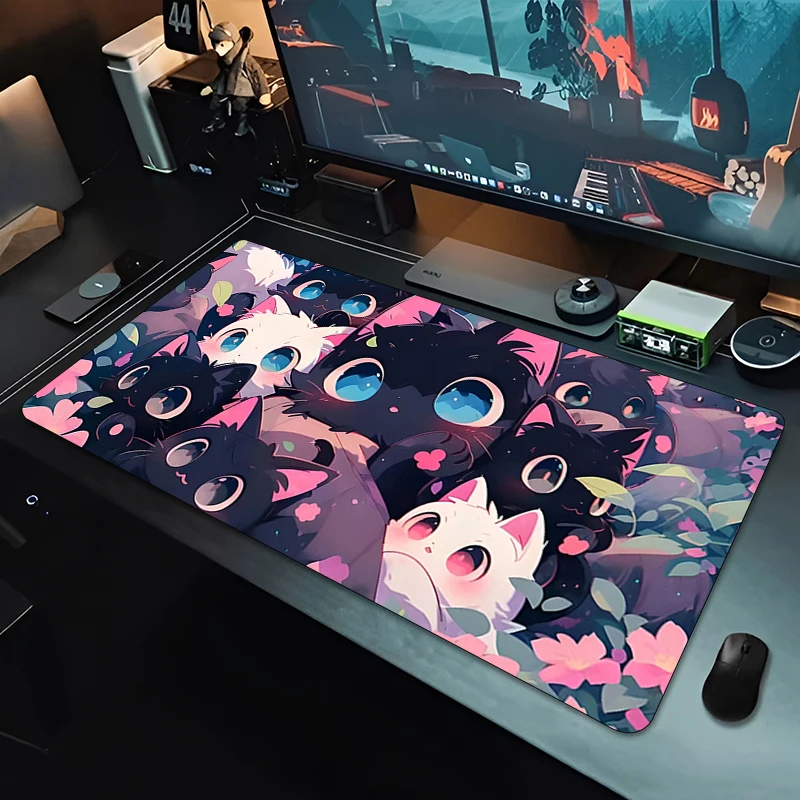 

Большой коврик для мыши с рисунком черной кошки в стиле аниме, офисный Настольный коврик для компьютера, 900x400, милый Настольный резиновый коврик для мыши