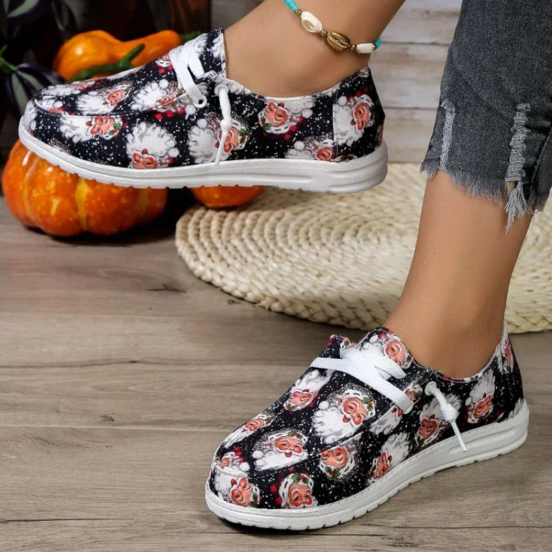 Christmas Sneakers Woman Lonely Canvas Shoes  Autumn Santa Claus Print Fashion Breathable Casual Flat Shoes New Year Gifts