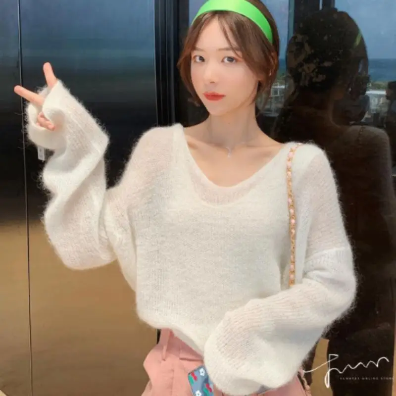 Women Spring Autumn Mohair Pullover Solid Color V Collar Sweet Loose Long-sleeved Knit Sweater