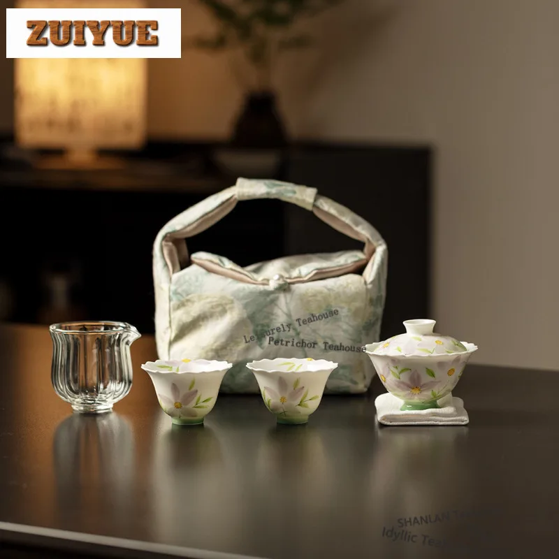 

Hand-painted Flower Travel Tea Set Kit Vintage 1 Pot 3 Cups Tea Making Organizer Portable Picnic Handbag Accessories Decoration