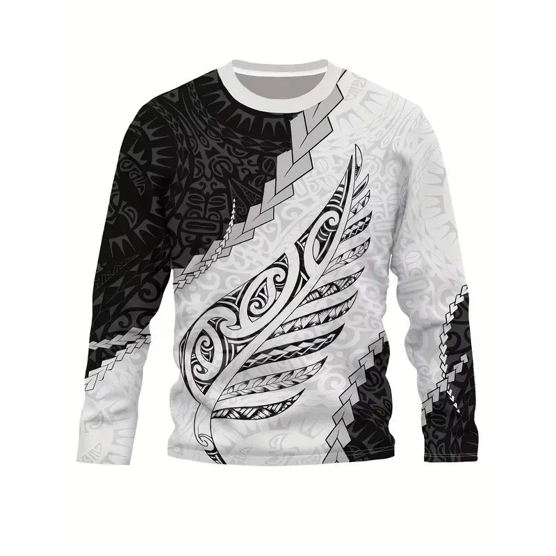 3D Long Sleeve 2026 New Men T Shirt HD Maori Silver Fern White Print Autumn Casual Round Neck Streetwear Tops Fashion 2025
