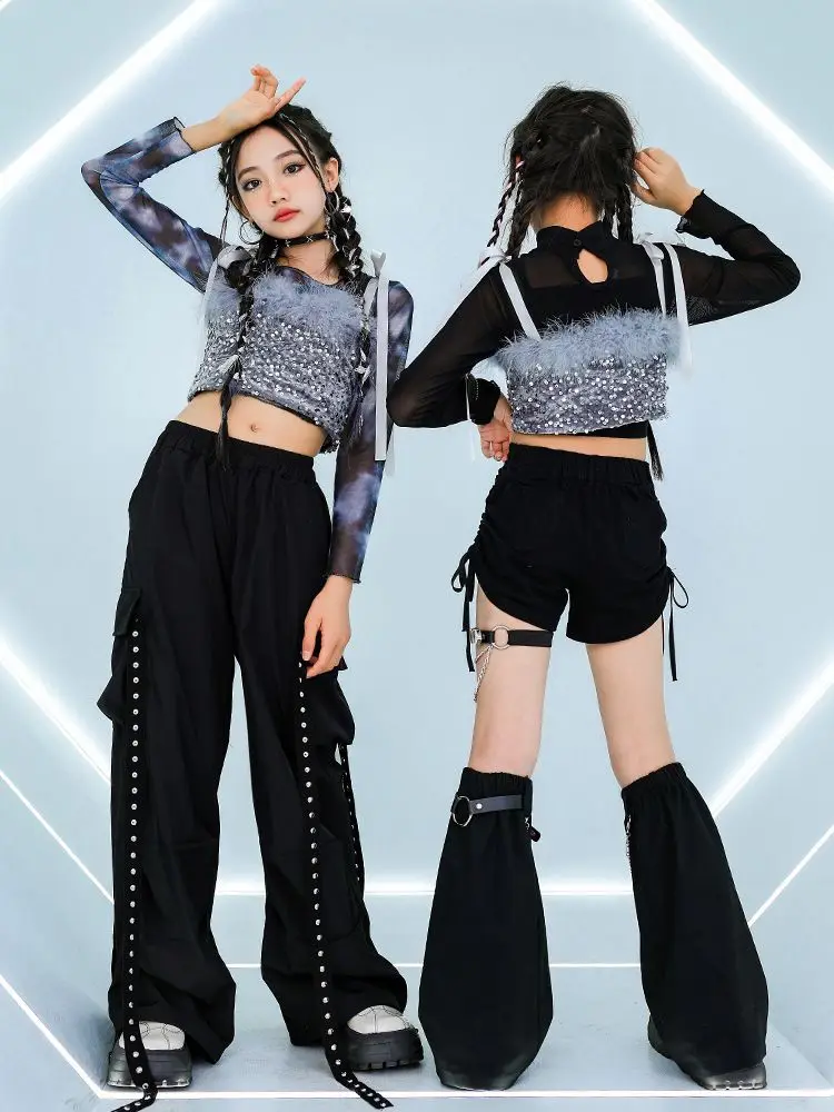 الهيب هوب شارع الرقص الجاز الملابس مجموعات التعادل صبغ شبكة قمم مشرقة سترة كاجرو السراويل الشارع الشهير الطفل الاطفال وتتسابق #2