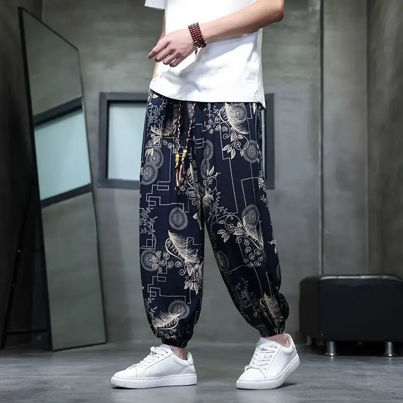 Men's Casual Jogger Pants Summer Thin Loose Fit Harem Pants Streetwear Ankle Length Printed Trousers