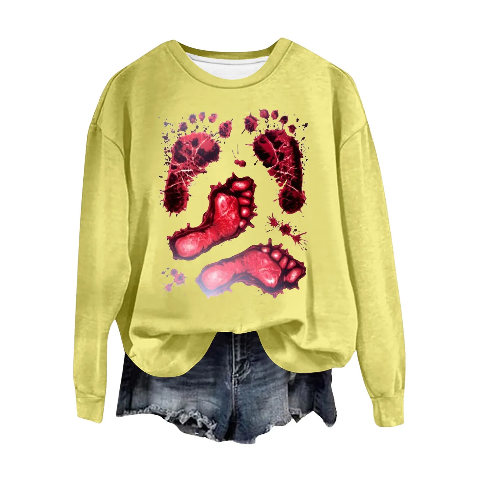 Felpa con cappuccio stampata Halloween da donna quattro impronte di sangue personalità tendenza moda Pullover girocollo manica lunga felpa con cappuccio Casual