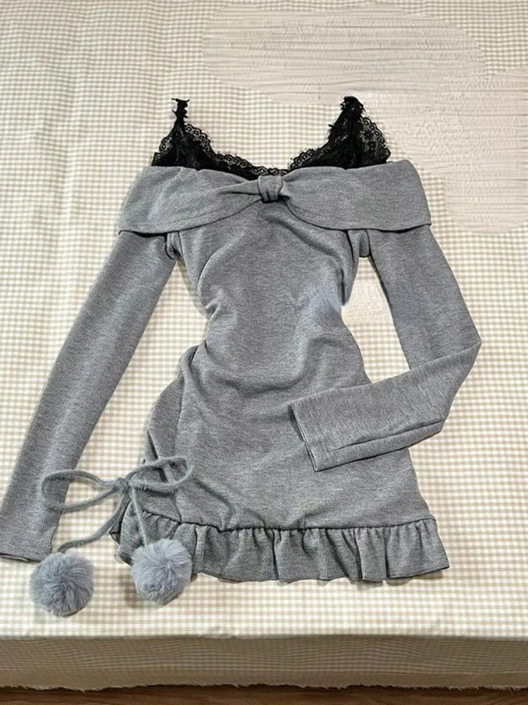 Słodka seksowna koronkowa patchworkowa czarna sukienka na ramiączkach dla kobiet + długi rękaw Slim Fit Y2k Crop Tops Jesień Nowe dwuczęściowe zestawy strojów