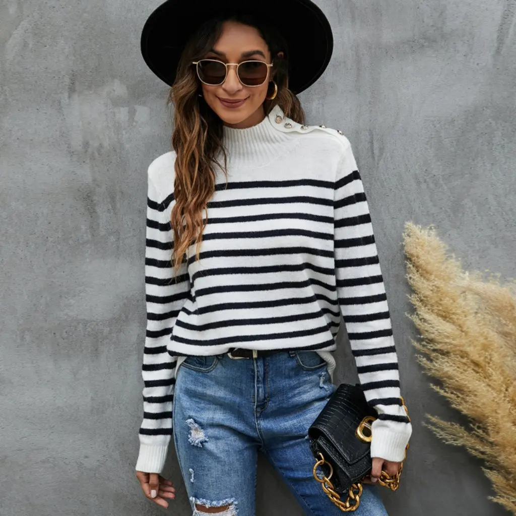 

European And American Fashionable Striped Knitwear Loose Long-Sleeved Stand-Up Collar Pullover for Women