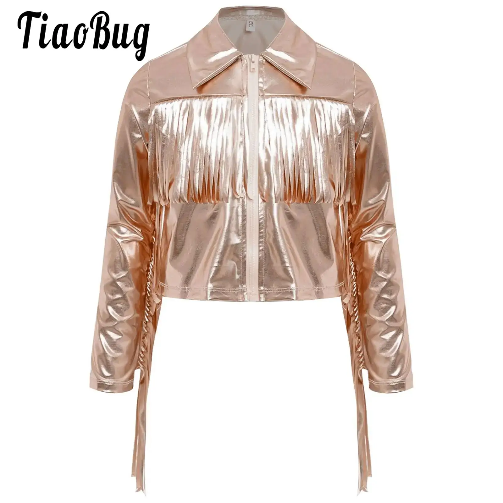 

Jazz Latin Modern Dance Girls Tassels Metallic Jacket Corp Tops Shiny Long Sleeve Zipper Fringe Coat for Dance Birthday Party