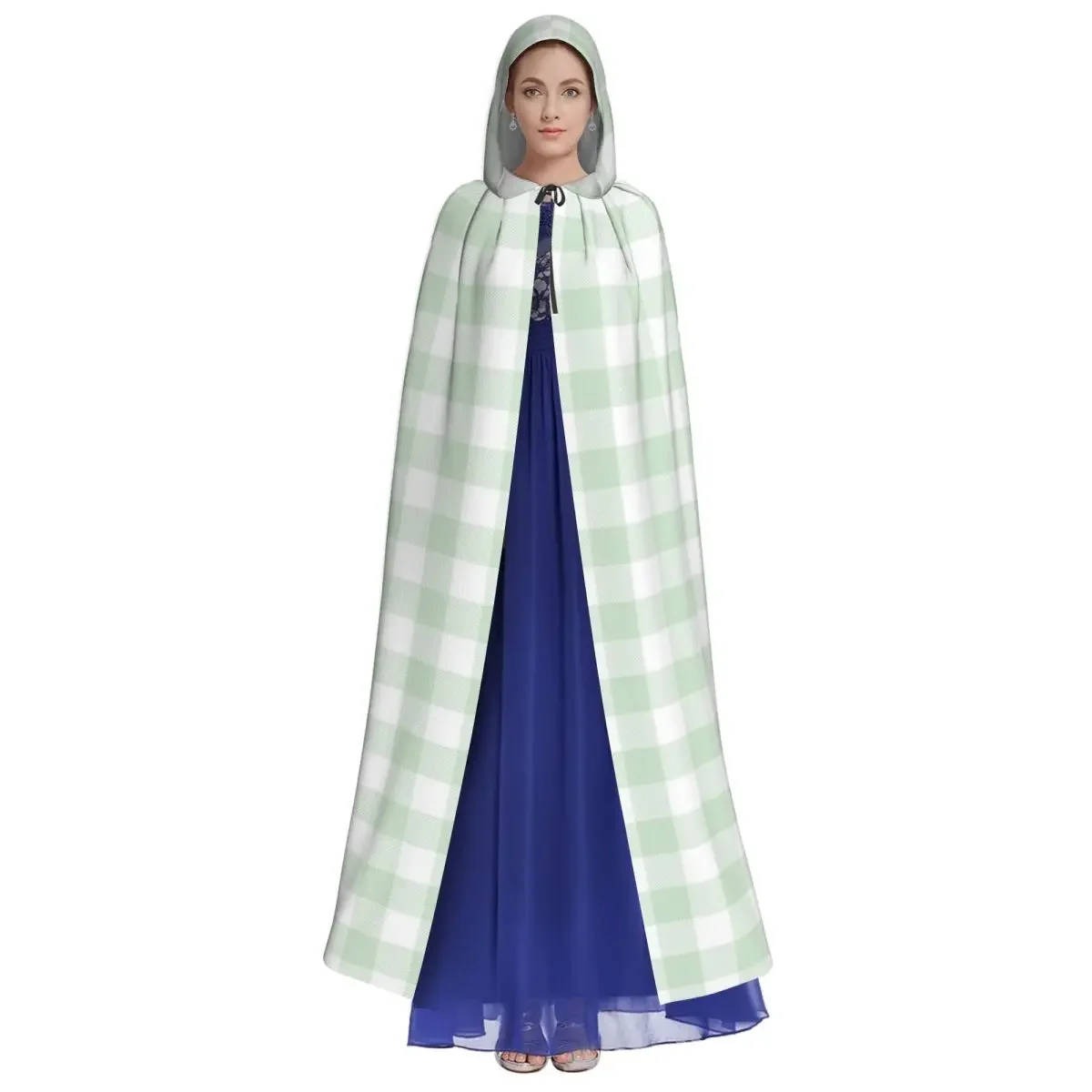 Adult Light Green White Checkered  Cape Hooded Medieval Costume Witch Wicca Vampire Halloween  Dress Coat