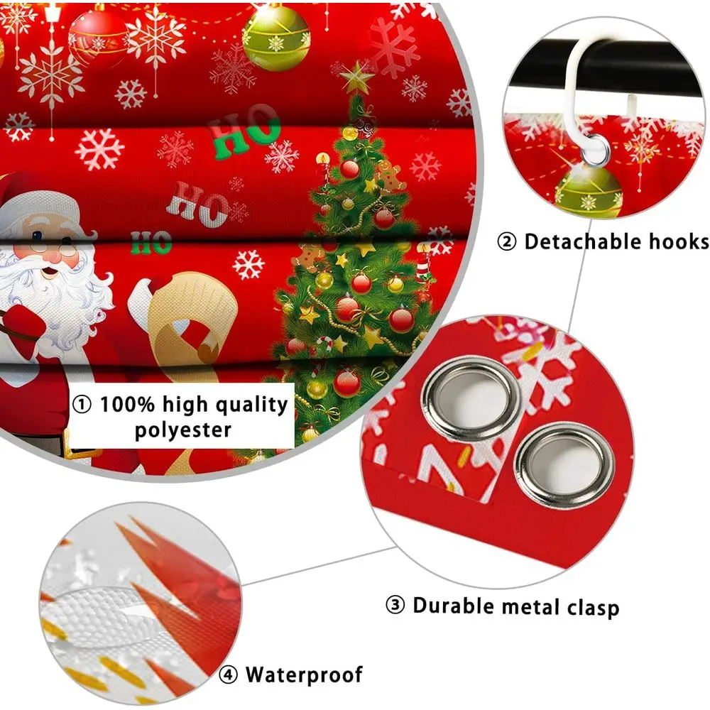 طقم حمام عيد الميلاد مكون من 4 قطع: ستارة حمام وسجاد وغطاء غطاء مرحاض مع سانتا وهدايا