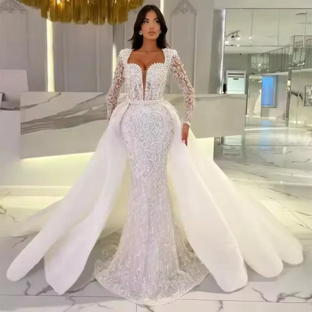 

Flavinke Customized Mermaid Sequins Wedding Dresses Detachable Train Middle East Long Sleeves Formal Bridal vestidos de novia