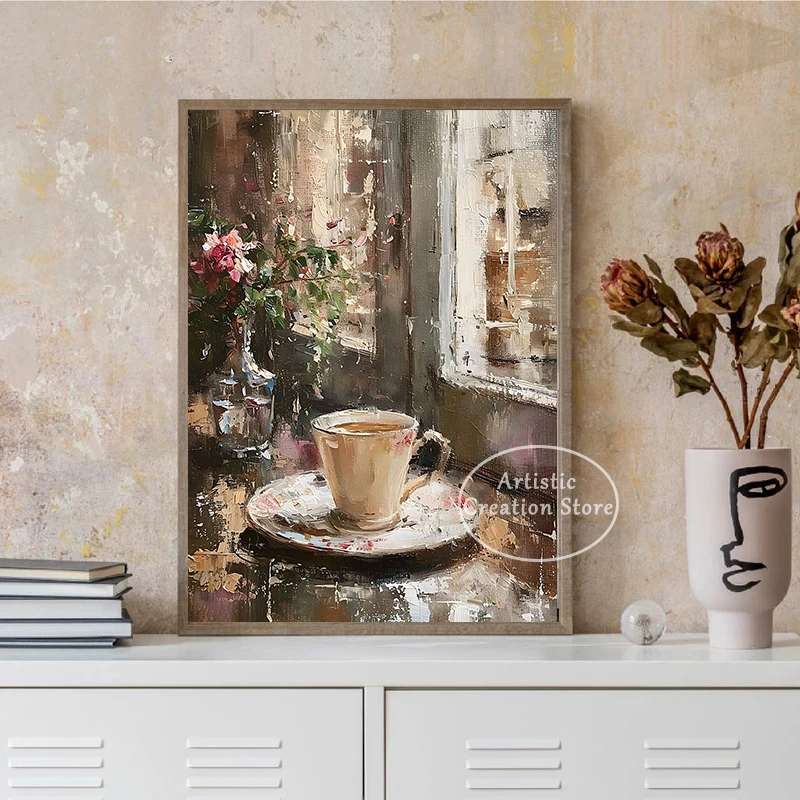 Neutral Coffee Art Moody Victorian Oil Painting Kitchen Wall Art Prints Canvas Painting Wall Coffee Lover Gift Coffee Bar Decor