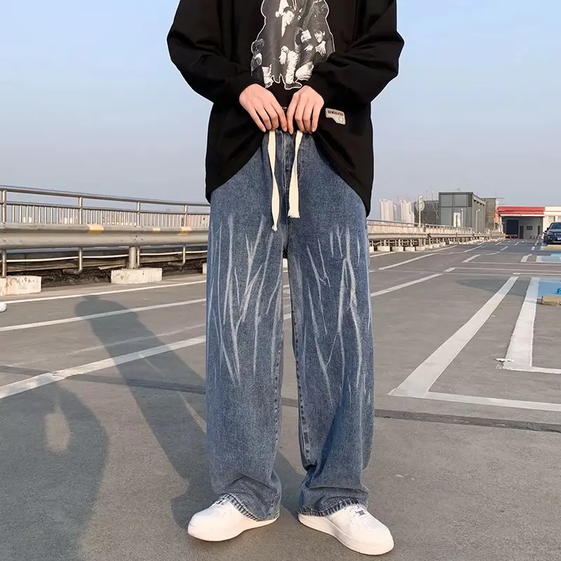 

Spring Summer Baggy Jean Pants Men Jeans for Boys Elastic Waist Korean Fashion Streetwear Men's Oversize Trend Wide leg pants