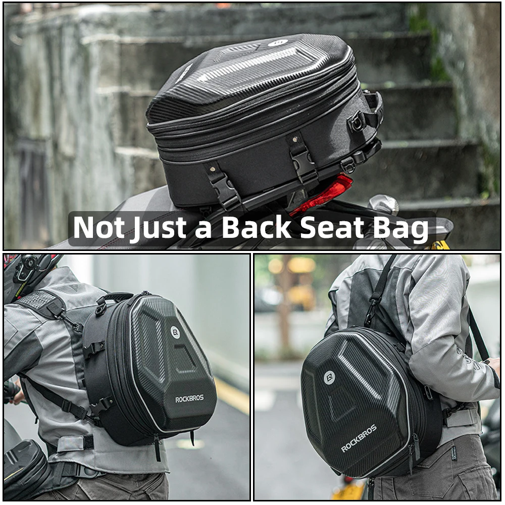 Motorcycle Back Seat Bag Waterproof Helmet Bag Carbon Fiber Texture Hard Shell Travel Storage Luggage Rider Backpack & Raincover